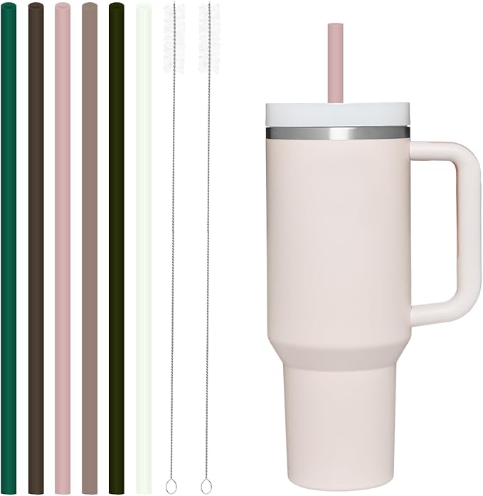 6 Pack Reusable Silicone Straws Compatible with Stanley 40oz 30oz 20oz Tumblers, 12.2" Long x 0.374" Diameter BPA-Free Drinking Straws with 2 Cleaning Brushes, Flexible Cuttable Teeth-Friendly