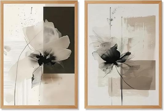 Minimalist Abstract Floral Wall Art Prints Set of 2 Neutral Beige Black Flower Canvas Painting Poster Trendy Botanical Picture for Gallery Modern Japandi Boho Home Decor 24x36inch Wooden Framed