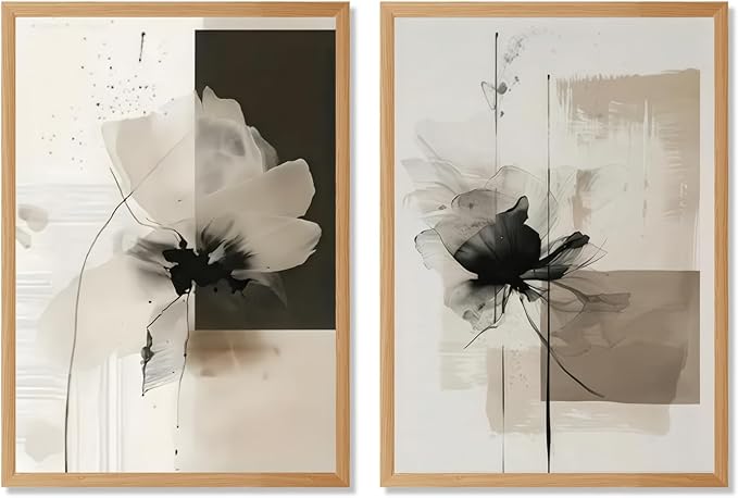Minimalist Abstract Floral Wall Art Prints Set of 2 Neutral Beige Black Flower Canvas Painting Poster Trendy Botanical Picture for Gallery Modern Japandi Boho Home Decor 12x18inch Wooden Framed