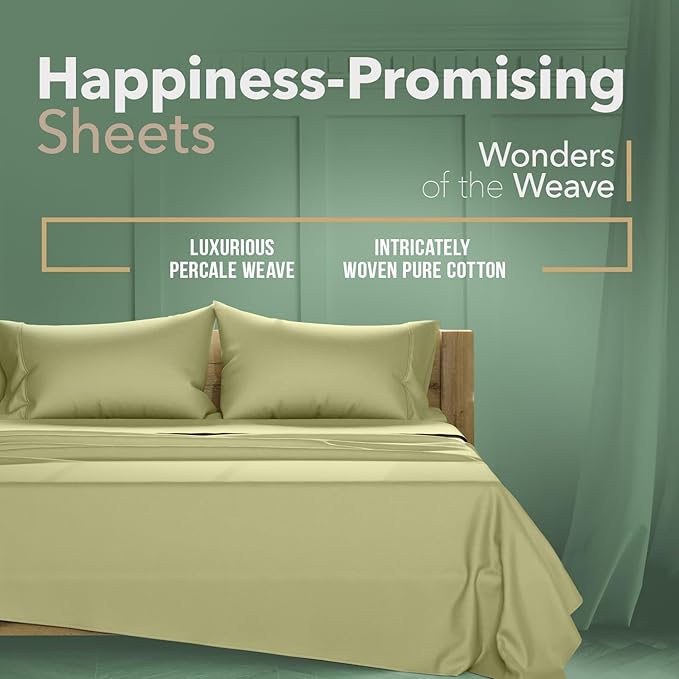 TEXAS LINEN CO. 100% Organic Cotton Sheets King Size - 4 PC Organic Cotton King Size Percale Weave Sheet Set, Soft, Cooling, Crisp & Breathable, 16" Deep Pocket Hotel Quality Bedding Set - Sage Green