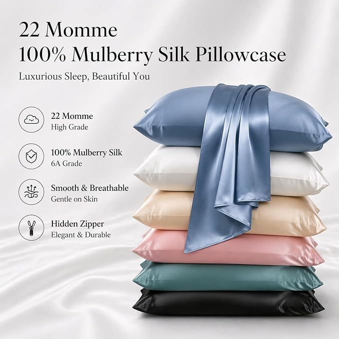 Premium Natural Mulberry Silk Pillowcase for Hair and Skin Made in USA, 22 Momme 6A Silk Pillow Cases Standard Size with Zipper, Ideal for Women's Beauty Sleep, 1 Pc 20"x26" (Standard, Blue Grey)