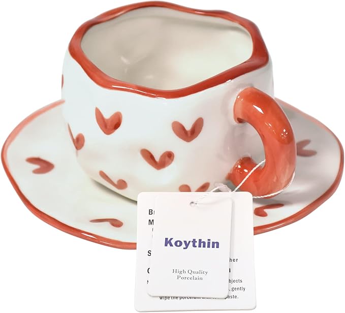 Koythin Ceramic Coffee Mug with Saucer Set, Cute Creative Cup Unique Irregular Design for Office and Home, Dishwasher and Microwave Safe, 10 oz/300 ml for Latte Tea Milk (Red Heart)