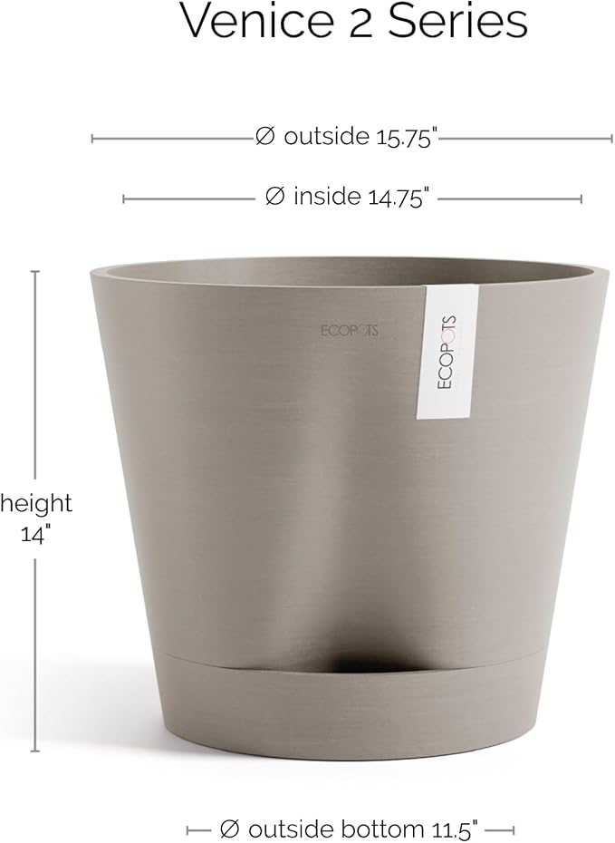 Ecopots Venice 2 Durable Modern Round Indoor/Outdoor Recycled-Based Composite Flower Pot Planter w/Water Reservoir, Taupe, 16"