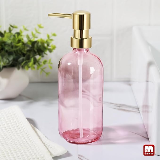 GMISUN Pink Soap Dispenser Bathroom, 1 Pack Glass Dish Soap Dispensers for Kitchen with Rustproof Plastic Gold Pump, 17 Fl Oz Bathroom Hand Soap Dispenser, Modern Liquid Dishwashing Dispensers Bottle