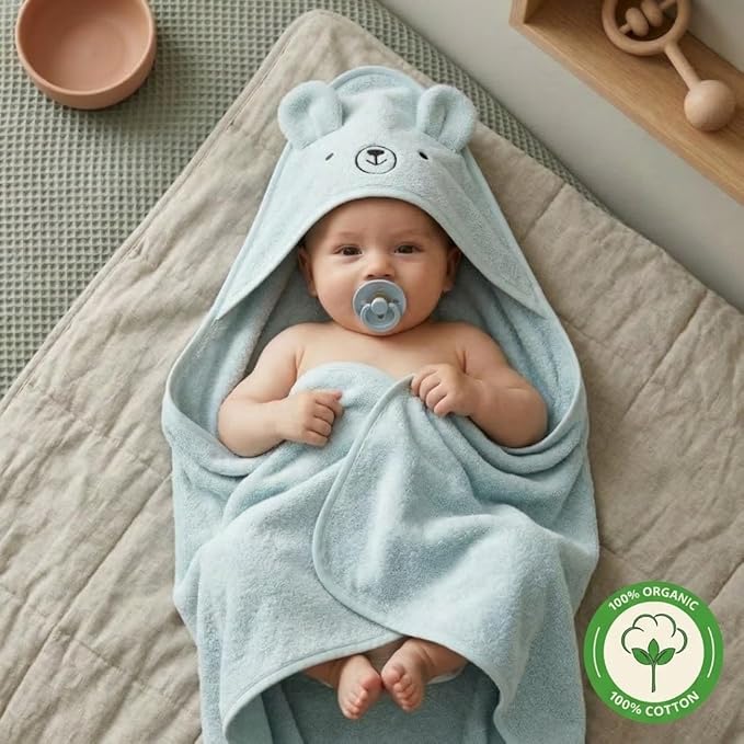 Hooded Baby Towel – 100% Organic Cotton Baby Bath Towels – Baby Boy Newborn Essentials - Super-Soft and Absorbent. (Bear - Baby Blue)