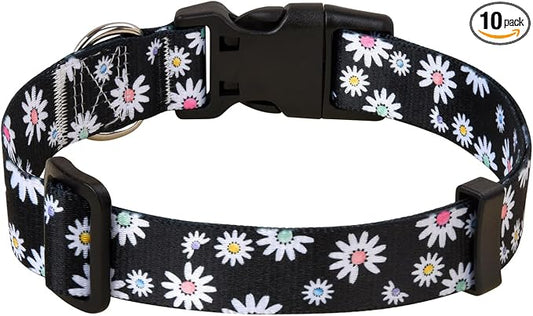 MarukoPet Dog Collar, Adjustable for Small Medium Large Dogs Puppy, Cute Design with Bohemia Floral Tribal Geometric Patterns Boys Girls Dog Collar(Black Daisy-L)