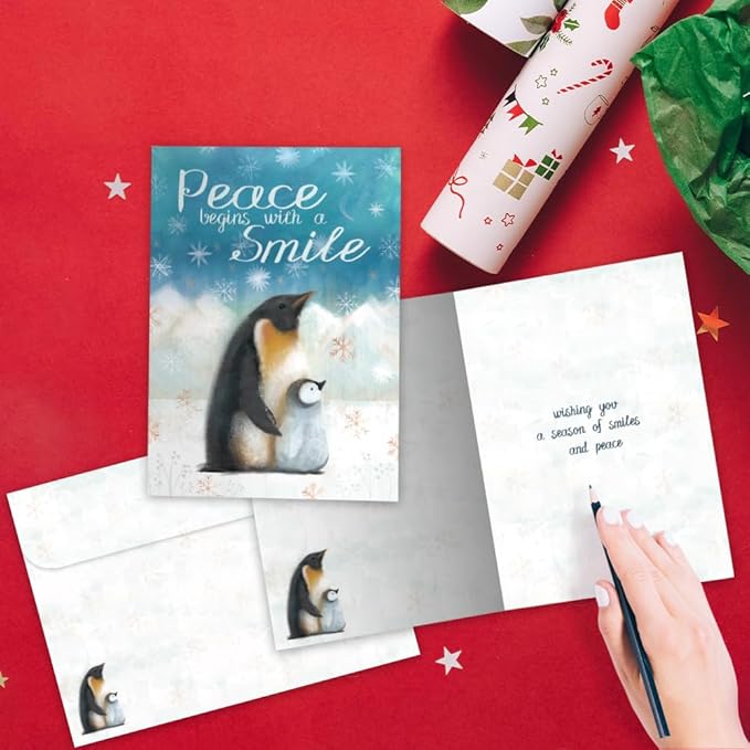 Tree-Free Greetings - Season's Greetings Greeting Cards - Artful Designs - 12 Cards + Matching Envelopes - Made in USA - 100% Recycled Paper - 5"x7" - Peaceful Penguins (HP60644)