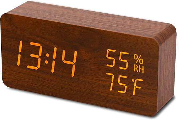 Digital Alarm Clock, LED Adjustable Brightness Voice Control Desk Wooden Alarm Clock with Day/Date/Temperature and Humidity USB/Battery Powered for School Home Office Kids
