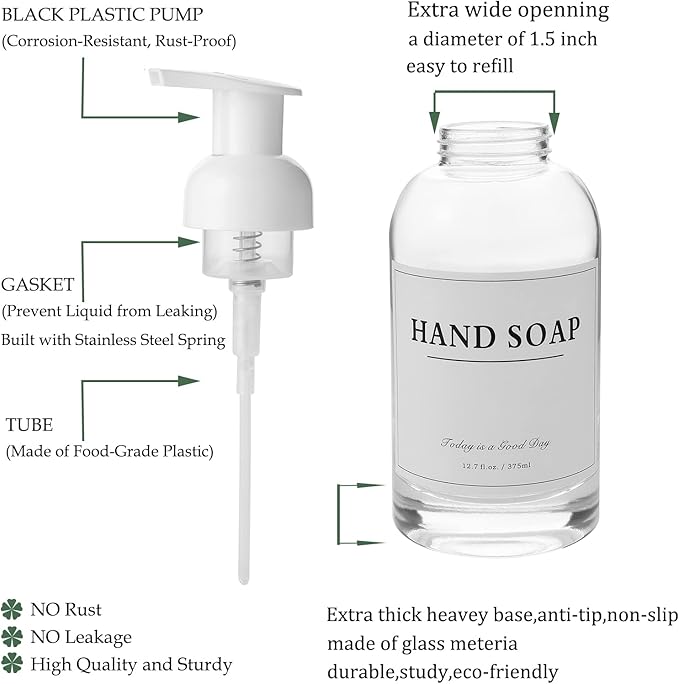 rejomiik 2 Pack Foaming Soap Dispenser Thick Glass Foam Hand Soap Dispenser for Bathroom or Kitchen Sink, 13 oz Clear Pump Bottles for Hand soap, Body Wash, White