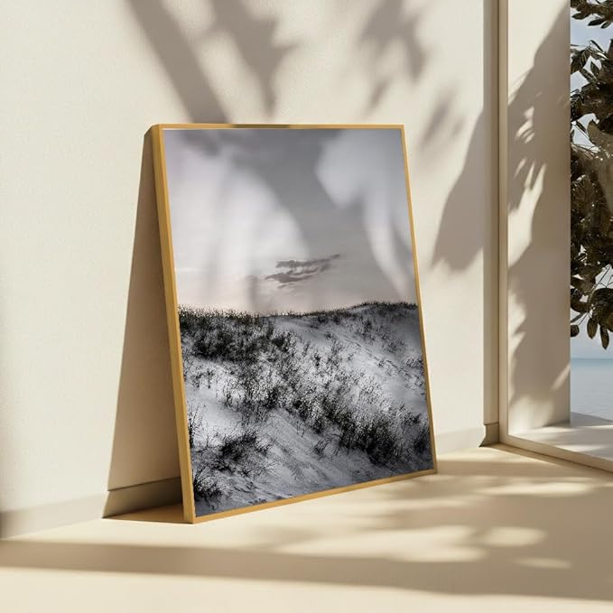 Monem Art Snowy Sand Dunes Landscape Print - Minimalist Winter Nature Poster - Wall Decor for Living Room, Bedroom or Office - 18x24 Gold Framed CANVAS Wall Art by Mareike Bohmer