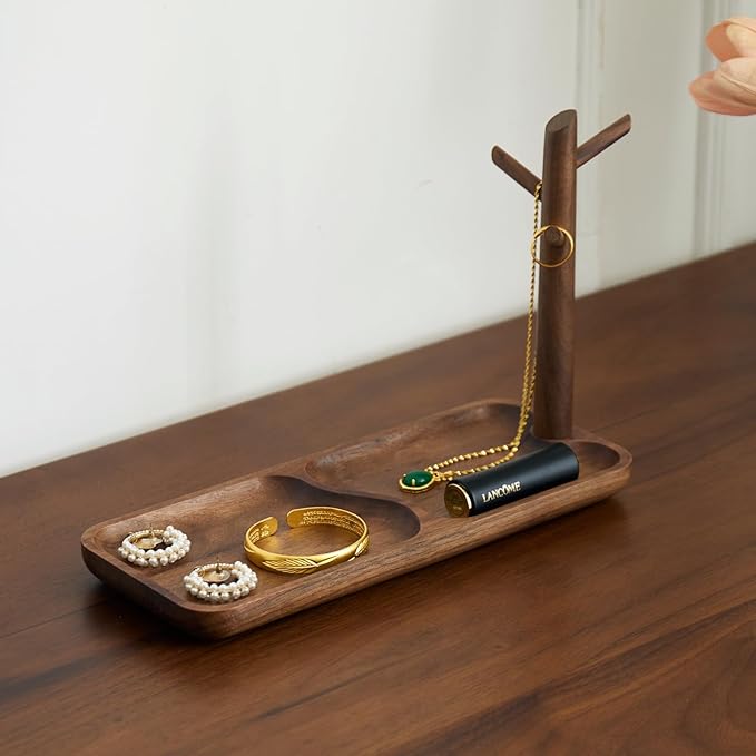 Black Walnut Solid Wood Key Dish Bowl for Entryway Table Square Tray With 3 Hooks, Open Storage for Keys, Wallet, Jewelry (Walnut, Rectangle)