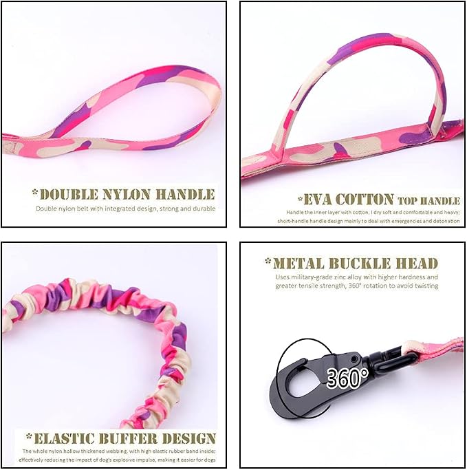 Tactical Dog Collar and Leash Set Adjustable Military Nylon Dog Collar with Control Handle and Heavy Duty Metal Buckle for Large Dogs（Pink Camo XL