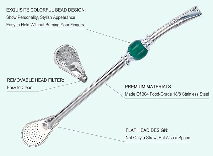 Premium Yerba Mate Straws - Reusable Stainless Steel Bombilla Straw with Colorful Beads - Set with Removable Head Filter (Green)
