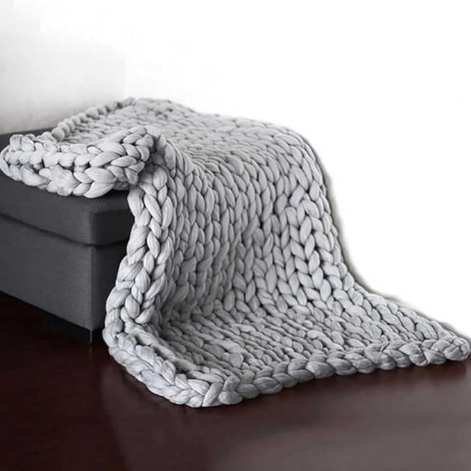 BBPM Chunky Knit Throw Blanket 100% Hand Made Large Merino Wool Loop Yarn Soft Fluffy Throws for Couch Sofa Bed Big Crochet Cozy Heavy Thick Cable Woven Blanket,Silver,100x150cm/39x59in