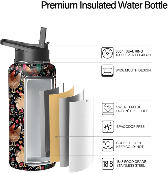 18oz Chicken Water Bottle with Handle and Flip Straw, Animal Sports Stainless Steel Insulated Cup Travel Coffee Mug Tumbler, Birthday Mothers Day Chritmas Gifts for Women
