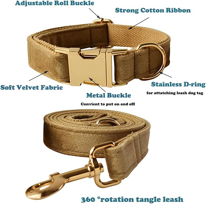 Love Dream Velvet Dog Collar and Leash Set, Soft & Comfy Adjustable Dog Leash and Collar with Heavy Duty Metal Buckle for Small Medium Large Dogs Training & Walking (XLarge, Khaki)