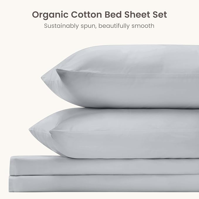 BIOWEAVES 100% Organic Cotton Sheets, 300 Thread Count 4-Piece GOTS Certified Bed Sheet Set Fits Mattress Upto 17" Deep Pocket, Soft & Silky Sateen Weave (Full, Glacier Gray)
