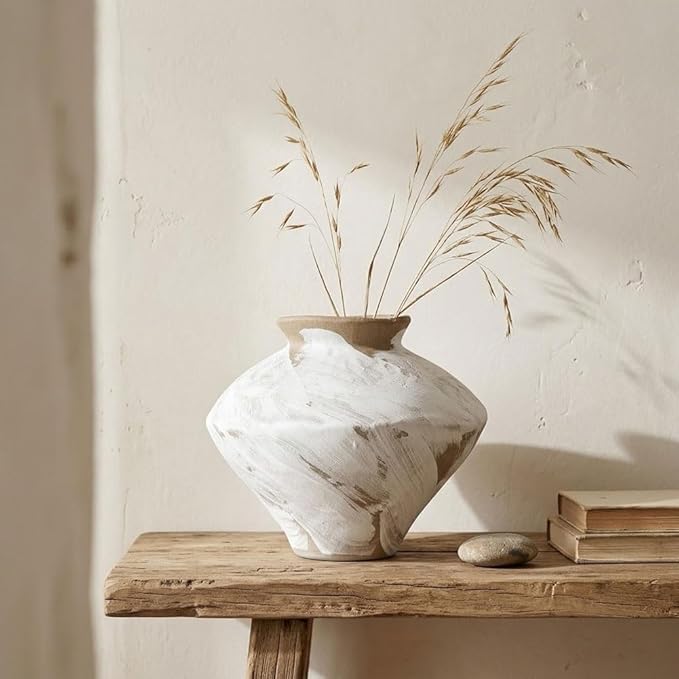Wabi Sabi Vintage Vase, 6.3" Tall Wabi Sabi Decor Rustic Farmhouse Pottery Vase for Centerpiece, White Textured Pottery Flower Vase for Home Decorative, Table, Living Room, Bedroom, Bathroom, Kitchen