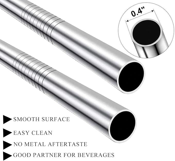 Stainless Steel Smoothie Straws, 0.4'' Extra Wide Reusable Metal Drinking Straws for Milkshake, Smoothie, Beverage, Set of 8 with 2 Cleaning Brush
