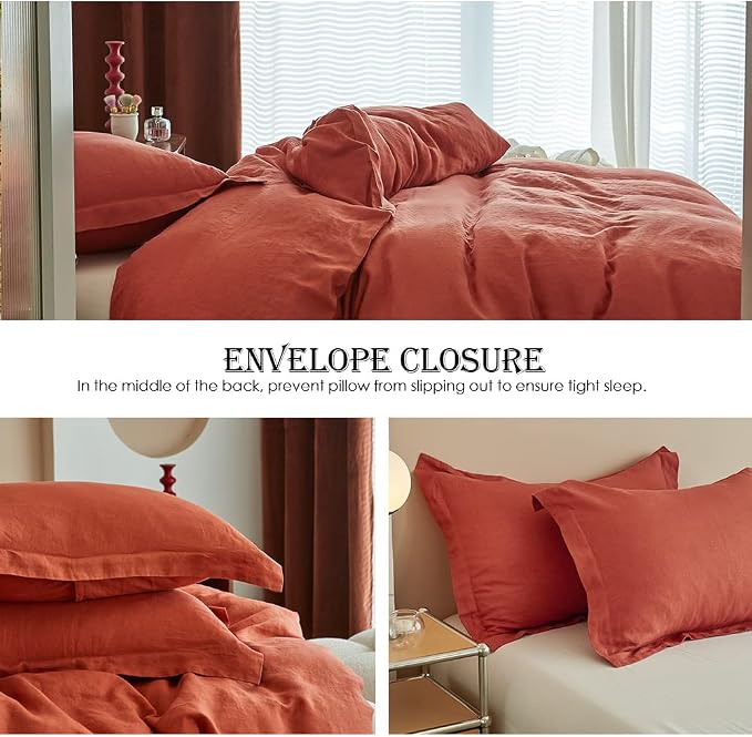 Simple&Opulence 100% Linen Duvet Cover Set 3pcs Basic Style Natural French Washed Flax Solid Color Soft Breathable Farmhouse Bedding with Button Closure - Brick Red, King