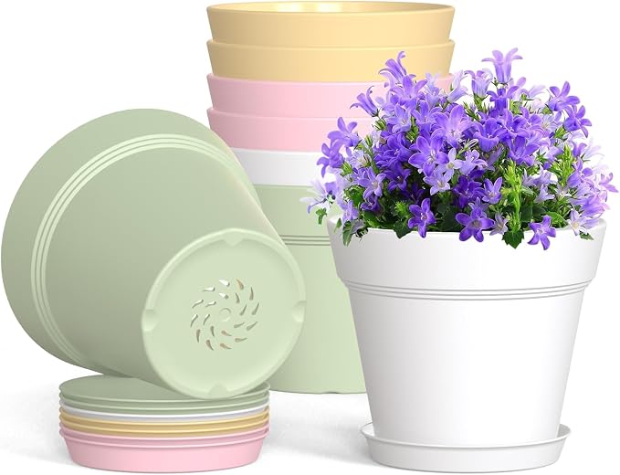 WSMKSZ 4 Inch Plastic Plant Pots with Drainage Holes and Trays – 8 Pack Small Nursery Pots for Indoor & Outdoor House Plants and Flowers, Seedling Starter Planters, Colorful