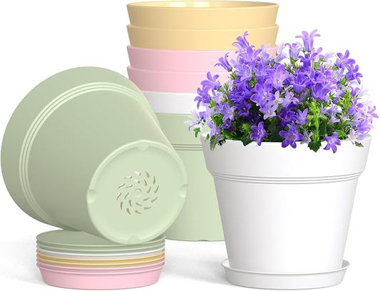 WSMKSZ 4 Inch Plastic Plant Pots with Drainage Holes and Trays – 8 Pack Small Nursery Pots for Indoor & Outdoor House Plants and Flowers, Seedling Starter Planters, Colorful