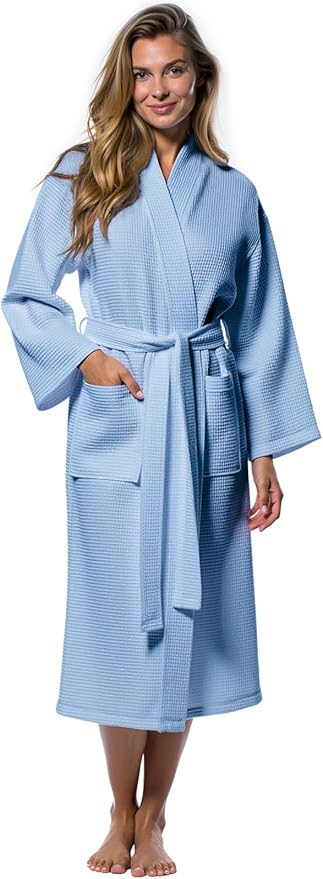 Turquaz Lightweight Waffle Knit Kimono Bathrobe - Soft Cotton Blend Spa Robe, Fast-Drying Full-Length Unisex Robes for Women