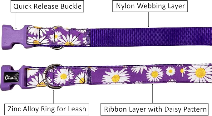 Dog Collar Leash Set, Floral Pattern, Nylon Webbing Plus Cotton Ribbon, 5ft Matching Leash, for Small Dogs.(S, Purple Daisy)