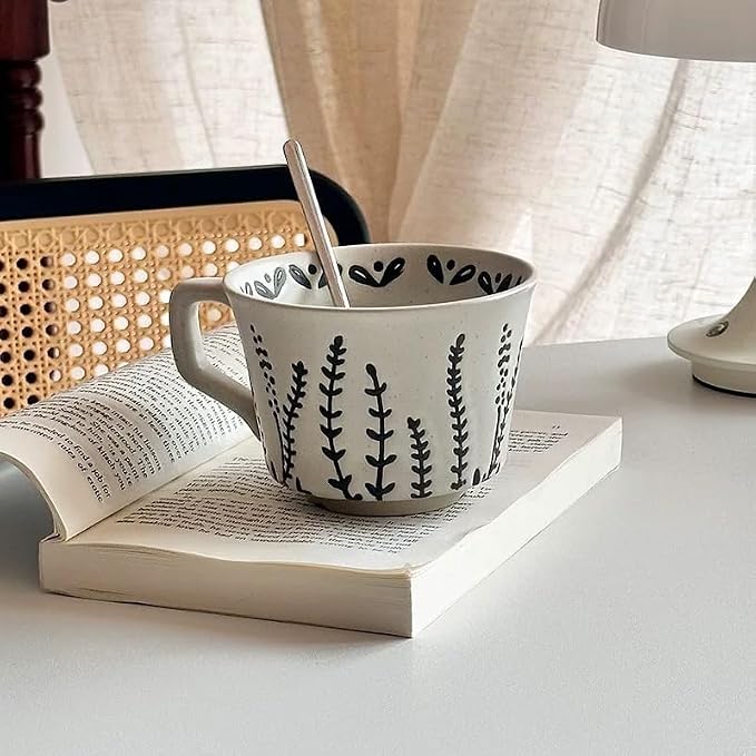 4 Pack 12oz Speckled Stoneware Coffee Mugs, Vintage Black Seaweed Botanical Ceramic Tea Cups, Rustic Hand Drawn Floral Drinking Mugs, Microwave Dishwasher Safe, Gift Set for Coffee Lovers