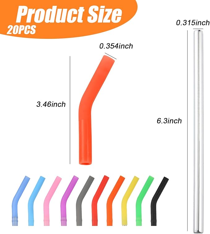 Reusable Straws Set, 20 Pcs Silicone Straws Cover & Stainless Steel Straws Suit, Anti Wrinkle Straw, Metal Straw, Aesthetic, Eco-Friendly, Easy to Clean, Straws for Every Beverage Experience