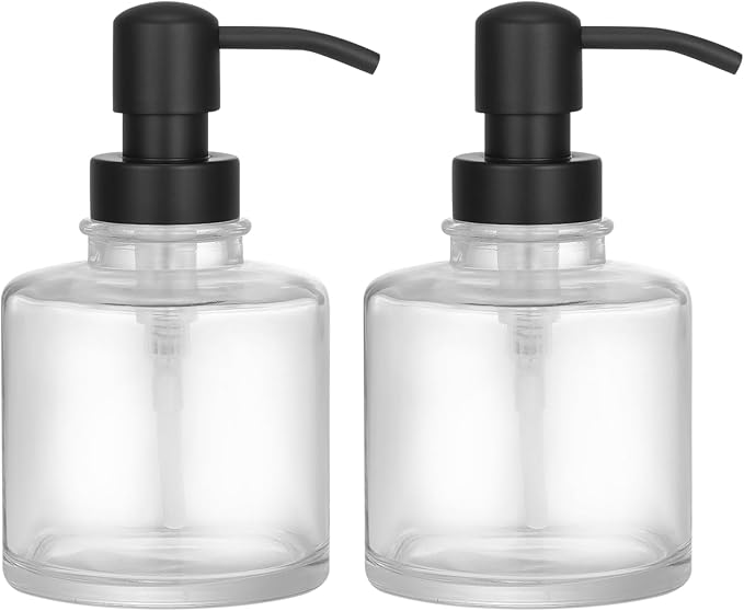 2-Pack Clear Glass Soap Dispensers with Matte Black Stainless Steel Pumps, 12 oz Refillable Bottles for Kitchen & Bathroom (12oz-Black Pump)