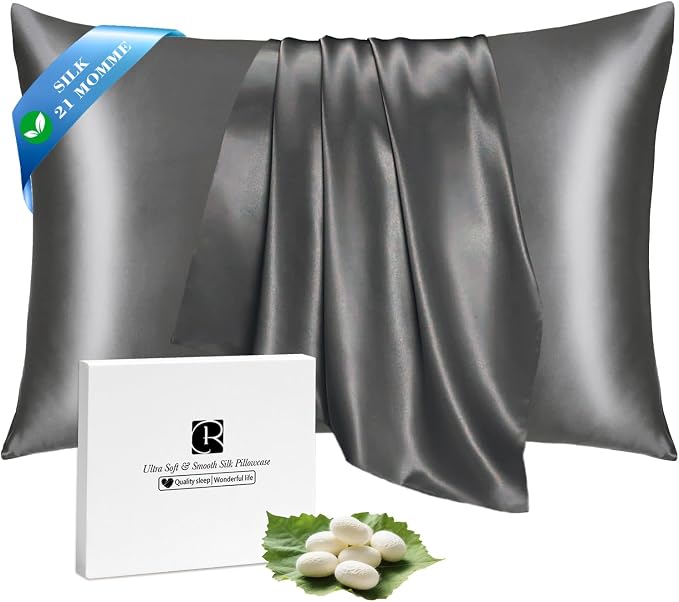Ravmix 100% Silk Pillow Cases with Zipper, 21momme Mulberry Silk Pillowcase for Hair Skin Health, Soft Smooth Breathable Cool Pillow Cover for Beauty Sleep with Gift Box 1PC(Queen 20"x30", Space Grey)