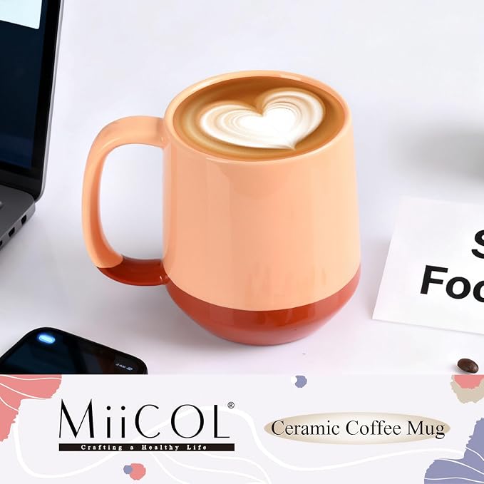 Miicol Ceramic Coffee Mug, 16 oz Large Coffee Cup, Tea Mug with Handle, Flat Bottom Mug for Men, Women, Office, Microwave and Dishwasher Safe, Multi-Color, Caramel Peach