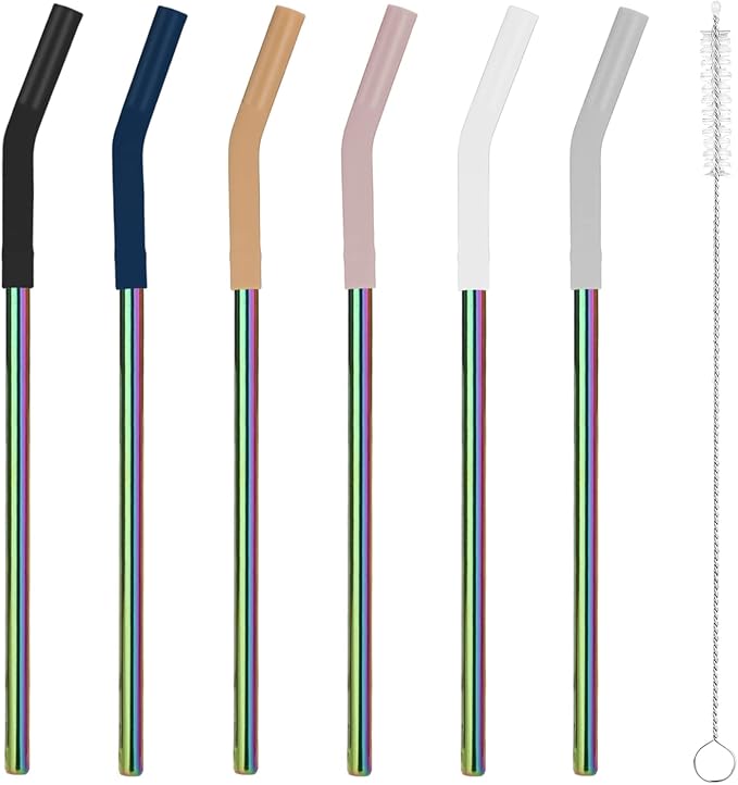 Tronco Set of 6 Stainless Steel Reusable Metal Straws with Silicone Flex Tips Elbows Cover, Metal Drinking Straws for Tronco Tumbler, 6 Steel Straws,6 Silicone Tips,1 Straw Cleaning Brush(Iridescence)