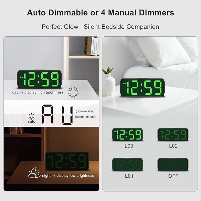 Peakeep Small Mini Battery Powered Digital Alarm Clocks for Bedrooms Bedside, Cordless Tiny Travel Portable Desk Clock, Large Numbers Auto Dimmable, LED Display 4 Dimmers, 5 Alarm Volumes