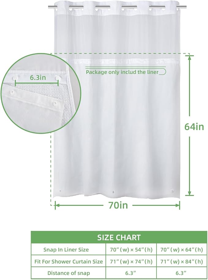 eachope 1 Pack PEVA Snap-in Shower Curtain Liner Replacement,Compatible with No Hook Shower Curtain with Snap in Liner, Removable & Water-Repellent,Machine Washable,70Wx64L,Frost