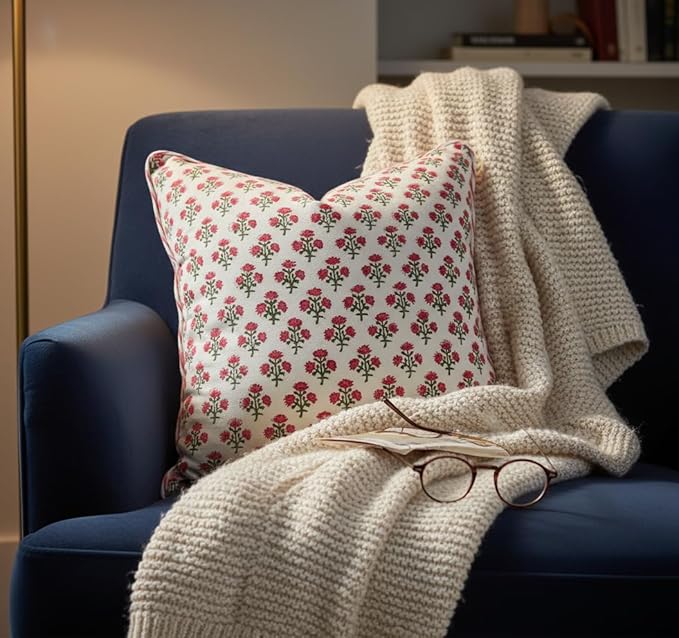 ATOSII Block Print Boho Throw Pillow Covers, 18 X 18, Set of 2, Decorative Couch Pillows for Living Room, 100% Cotton Canvas Acccent Pillows, Christmas Thanksgiving Fall Preppy Throws - Gulbahar Pink