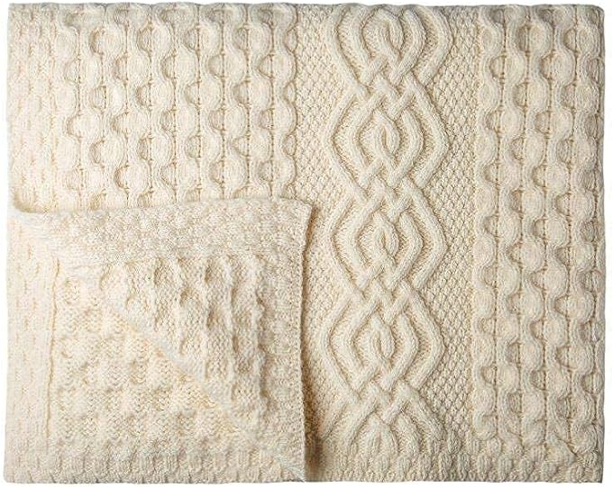 SAOL Honeycomb and Cable Knit Patterns 100% Irish Merino Wool Aran Throw/Blanket 60 x 40 inches (Natural)