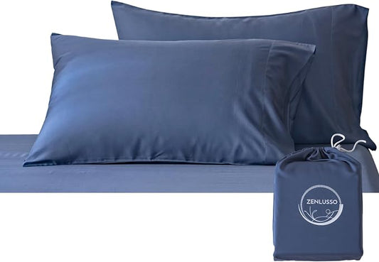 Pillowcases 100% Viscose Made from Bamboo Pillow Cases, Cooling, Luxuriously Soft, Envelope Closure, 300 Thread Count (Navy Blue, Queen)
