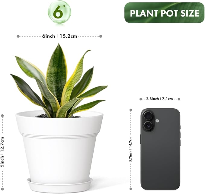 WSMKSZ 6 Inch Thick Plastic Plant Pots with Drainage Holes and Trays – 6 Pack Nursery Pots for Indoor & Outdoor House Plants, Seedling Starter Planters for Garden Flowers, White