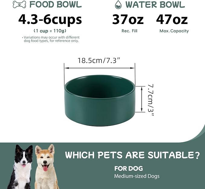 Havniva 7.3” Ceramic Dog Bowls, Dog Food and Water Bowl for Medium Dogs, Durable Dog Water Bowl with Non-Slip Rubber Base Large Capacity Pet Feeding Bowl