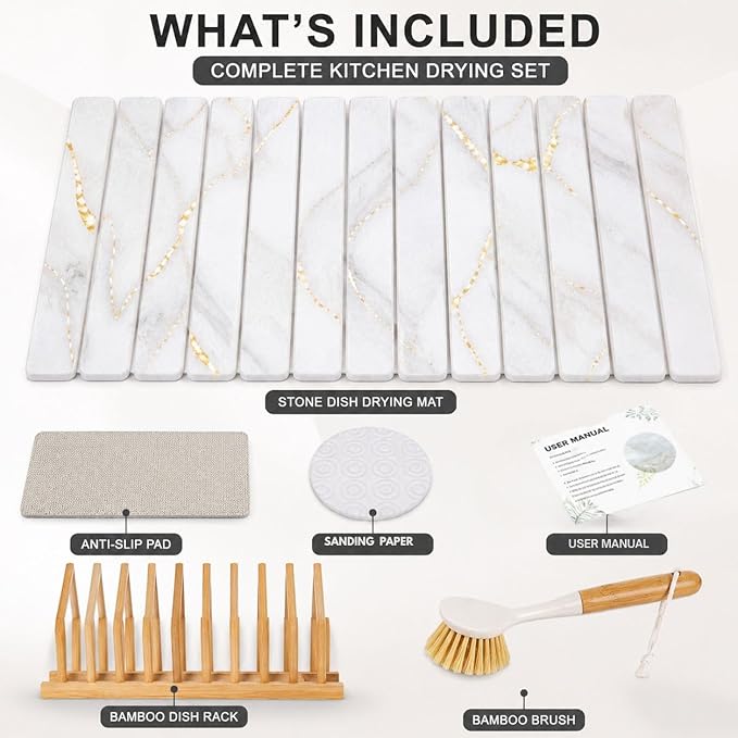 Stone Drying Mat for Kitchen Counter, 24"(L)×16"(W), Diatomaceous Earth Dish Drying Mat for Kitchen Counter, Quick Dry Stone Dishes Mats, Foldable Quick Dry Mats for kitchen, Bathroom, Yellow White
