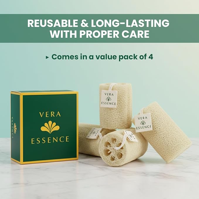 Natural Egyptian Loofah Sponge (Pack of 4) – Organic Bath Luffa for Gentle Exfoliating, Deep Cleansing & Smooth Skin, Natural Shower Sponge for Women & Men