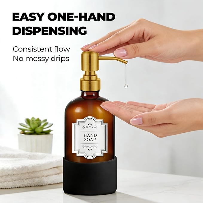 16 oz Hand and Dish Soap Dispenser Set for Kitchen and Bathroom, 500ml Amber Glass Soap Dispenser with Stainless Steel Golden Pump, Non-Slip Silicone Sleeves, Labels - 2 Pack