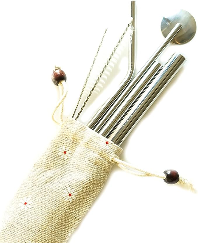 Stainless Steel Straws Spoon Drinking Straws Reusable Set of 6 Bent and Straight Cleaning Brush Included