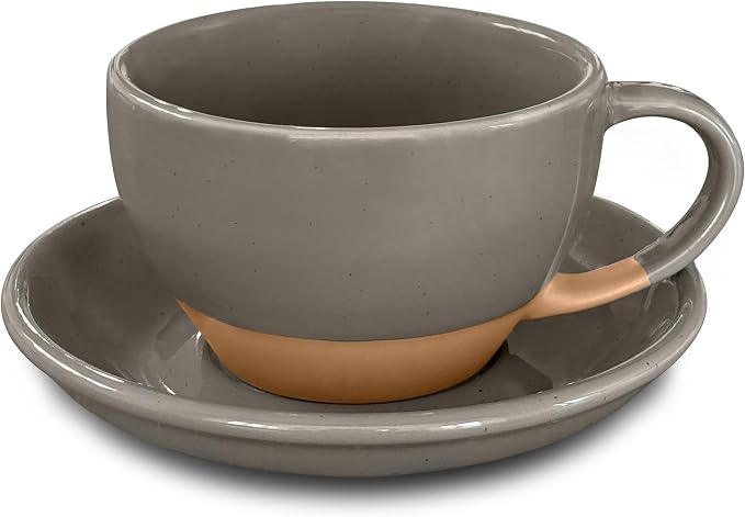 MORA Ceramic Latte Art Mug With Saucer - 10.5 oz, Round Bottom For Perfect Pours - Cafe Cups for Cappuccino, Espresso, Coffee, Tea etc - Porcelain Set for Baristas, Great Gift - Sesame Milk