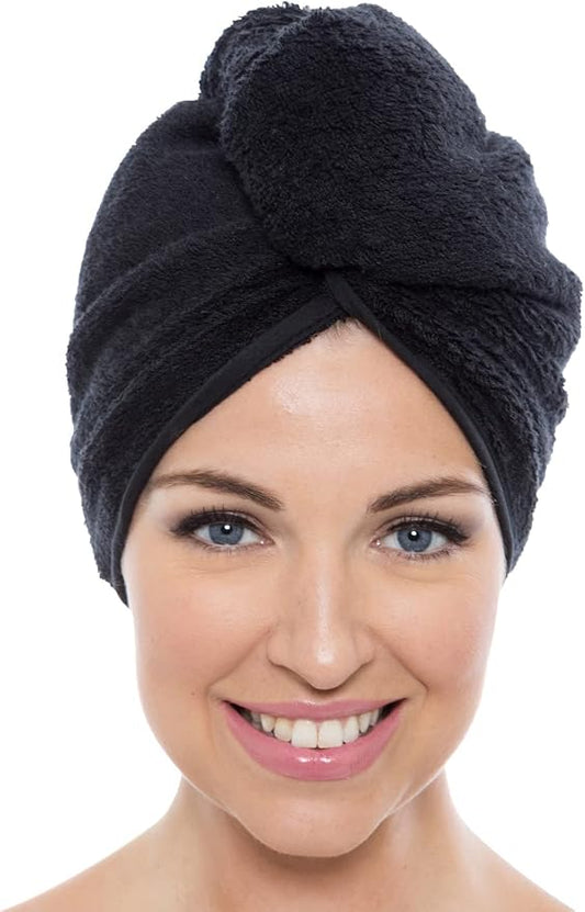 TexereSilk Women's Rayon and Cotton Terry Hair Towel - Lightweight, Absorbent Quick Drying Hair Wrap - Twist Towel with Elastic Loop Holder (Tya, Black, U)