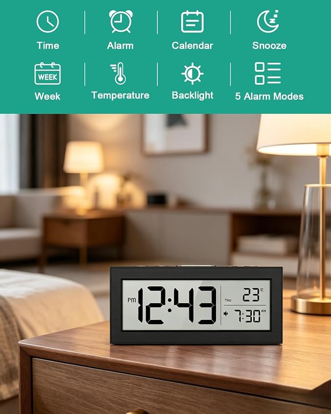 ORIA Battery Operated Digital Clock, Small Travel Alarm Clock with Indoor Temp, Date, Blacklight, Snooze, Desk Clock for Kids, Teens, Seniors, Bedrooms, Batteries Included