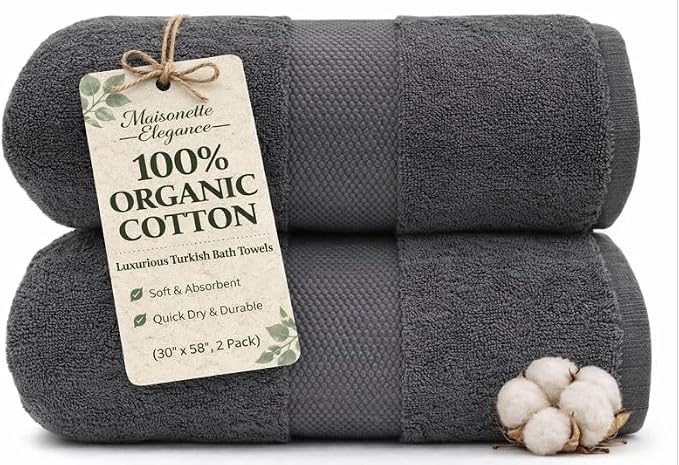 Maisonette Elegance 100% Organic Cotton Turkish Bath Towels, Soft & Absorbent, Ideal Quick Dry Large Luxury Bathroom Towel Set for Shower (30" x 58", 2 Pack) - Dark Grey (Stone)