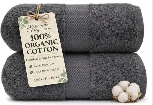 Maisonette Elegance 100% Organic Cotton Turkish Bath Towels, Soft & Absorbent, Ideal Quick Dry Large Luxury Bathroom Towel Set for Shower (30" x 58", 2 Pack) - Dark Grey (Stone)